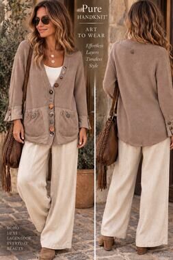 Pure Handknit Art to Wear Lagenlook Boho Mixed Button Taupe Cotton Cardigan L/XL